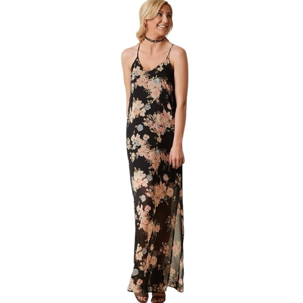 DAYTRIP Maxi Dressβ Black Pink Floral Party Vacation Wedding size S Beach Flowy